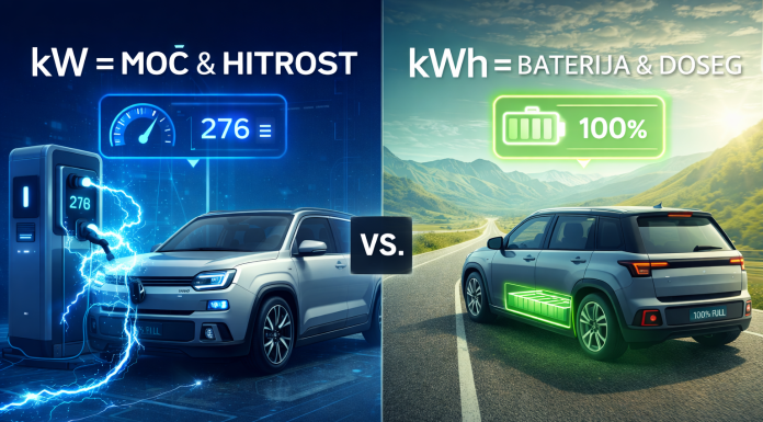Razlika med kW in kWh: Preprost vodič Infografika prikaza razlike med kW (moč polnjenja) in kWh (kapaciteta baterije) na primeru električnega avtomobila.